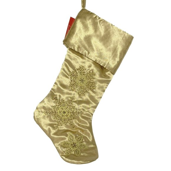 Christmas Holiday Stocking Gold Beaded Satin 2 Lot Snowflakes Elegant Lined NEW - Picture 5 of 5